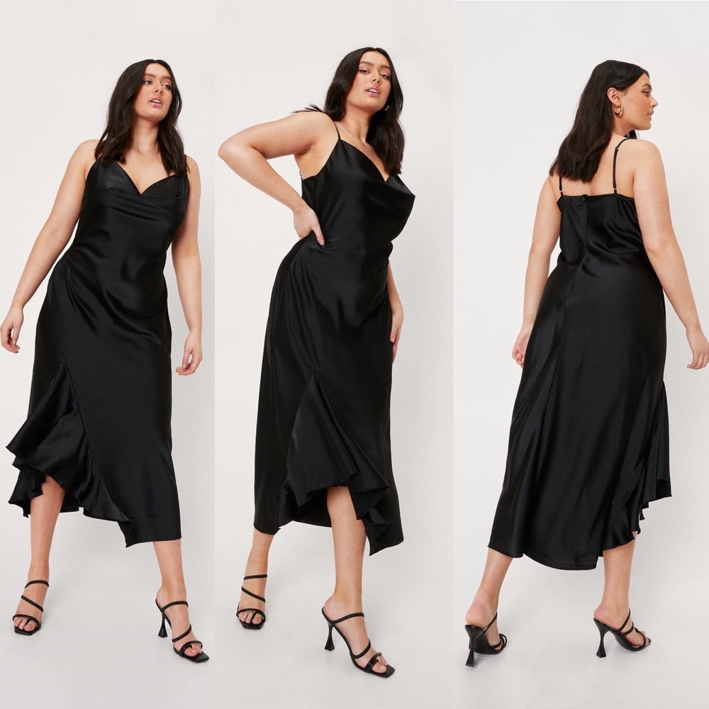 Nasty Gal Satin Cowl Neck Ruffle Midi Dress